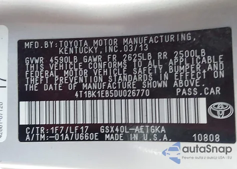 2013 Toyota Avalon Xle Premium из США, поврежденный, VIN 4T1BK1EB5DU026770